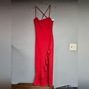 Red Maxi Spaghetti Strap A-line Dress with Ruffle Detail Women's Small
